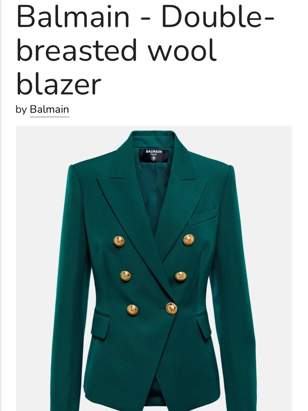Balmain Teal Double-Breasted Blazer with Gold Buttons